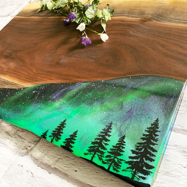Northern Lights Resin and Black Walnut Charcuterie Board