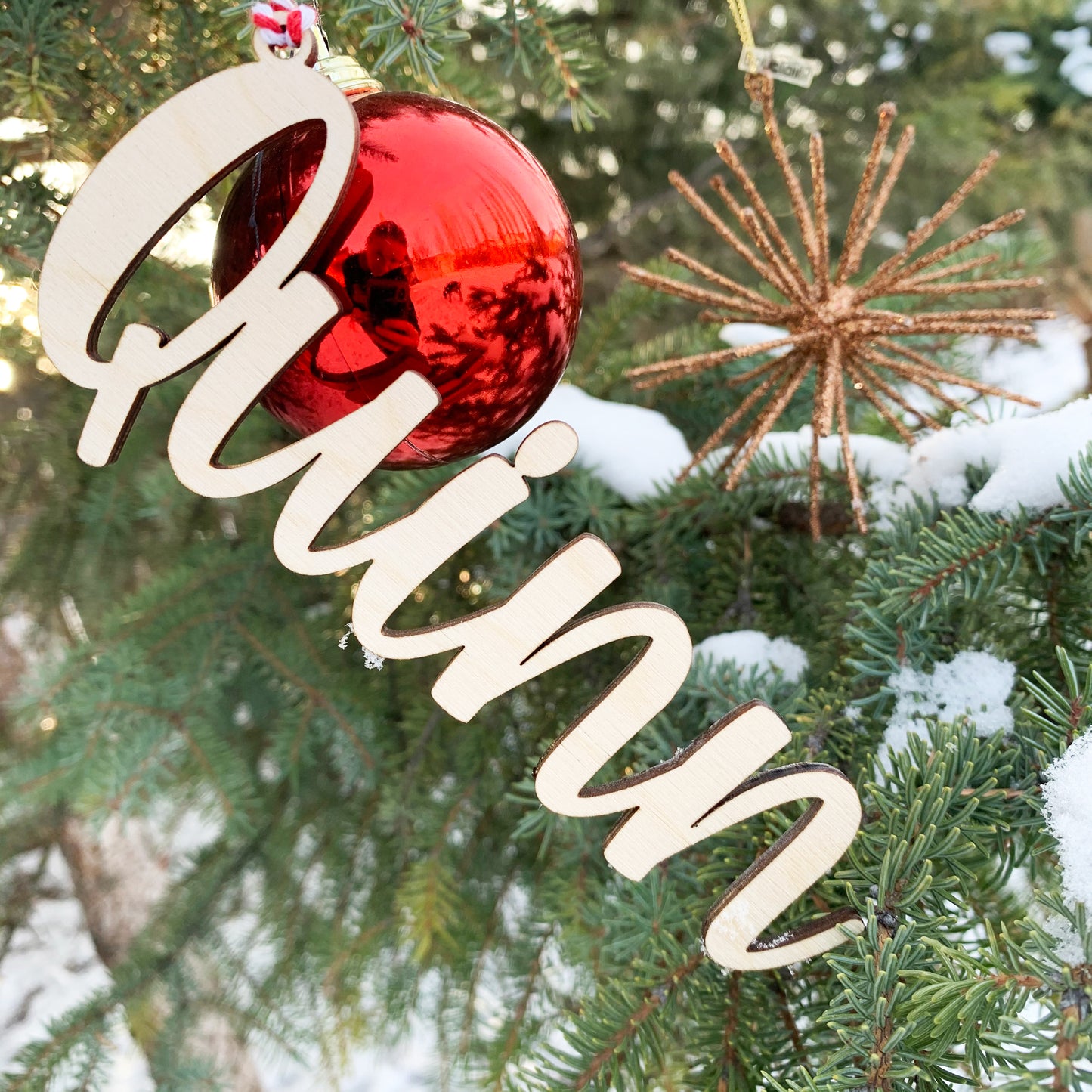 Wood Christmas Stocking and Gift Name Tag Ornaments