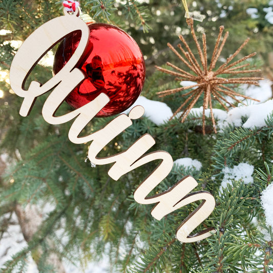 Wood Christmas Stocking and Gift Name Tag Ornaments